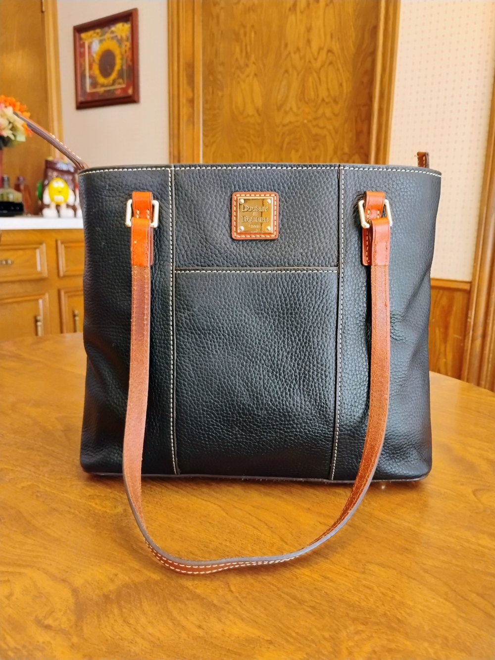 Dooney & Bourke Black Pebble Grain Leather Small Lexington Tote Bag W/Tan Accent